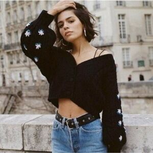 For Love & Lemons Savannah Cropped Cardigan Sweater Flowers Black Medium Puff